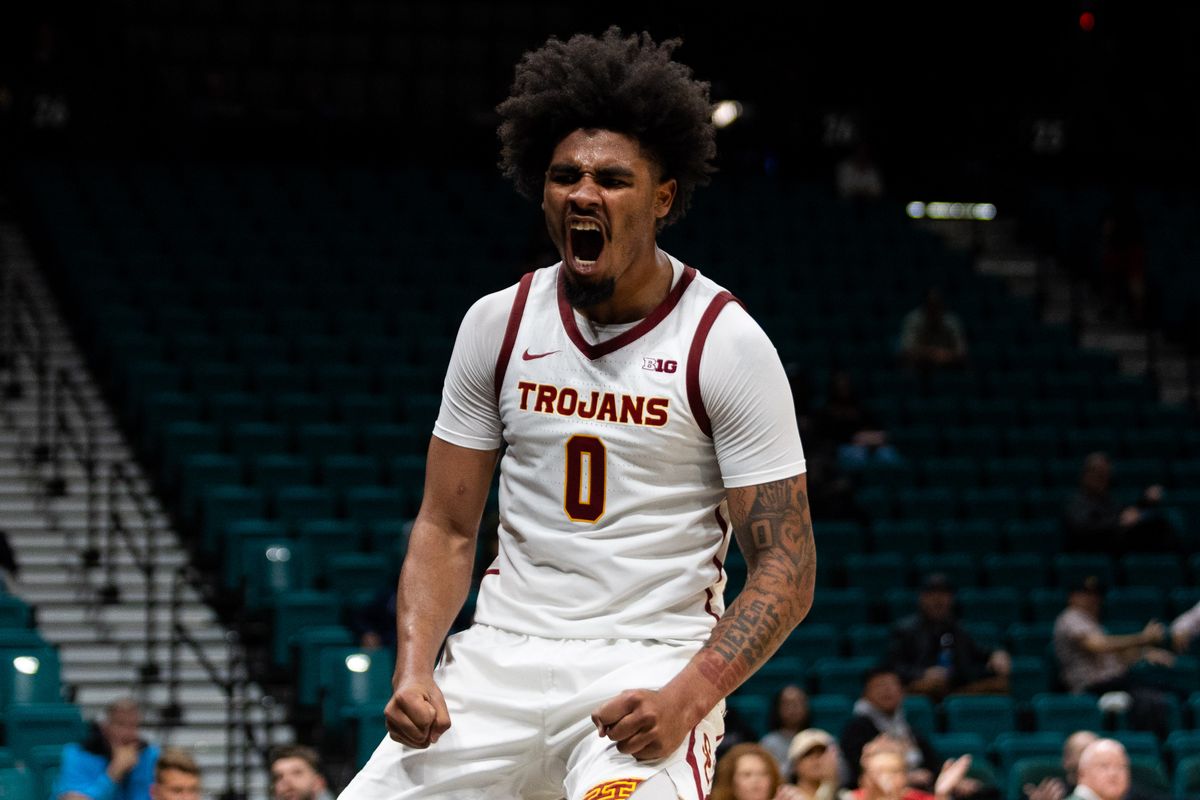 USC forward Saint Thomas (0) yells in celebration after a made basket during a College Basketball Crown Tournament game between the USC Trojans and the Villanova Wildcats, Thursday April 3, 2025 in Las Vegas, Nev.