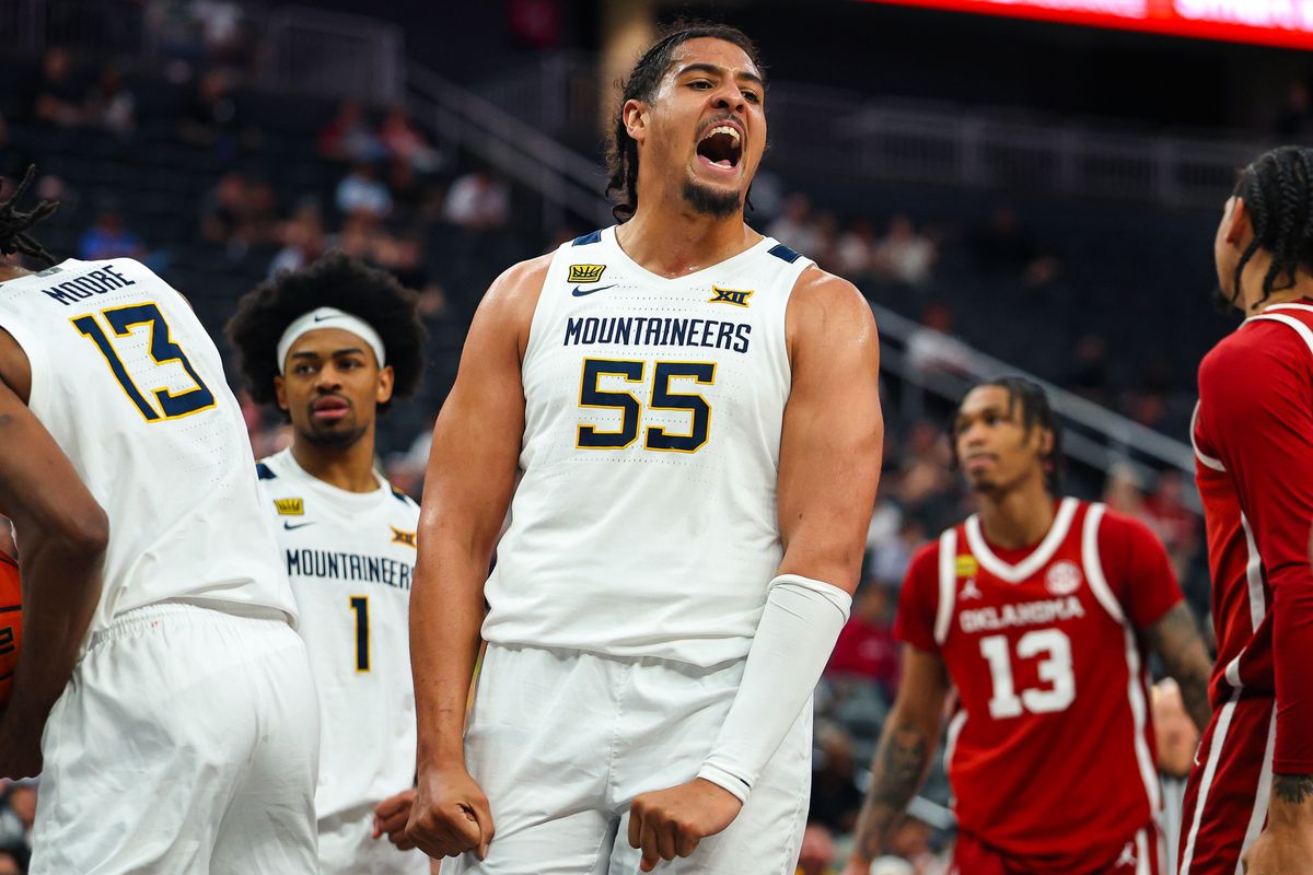 West Virginia Mountaineers C Harlan Obioha (55) reacts after a foul was called against the Oklahoma Sooners at the 2026 College Basketball Crown Championship on Sunday, April 5, 2026, in Las Vegas, Nevada. West Virginia Mountaineers C Harlan Obioha (55) reacts after a foul was called against the Oklahoma Sooners at the 2026 College Basketball Crown Championship on Sunday, April 5, 2026, in Las Vegas, Nevada.