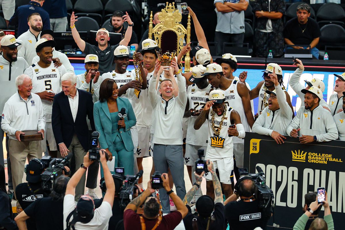 The West Virginia Mountaineers defeat the Oklahoma Sooners, 89-82, in overtime at the 2026 College Basketball Crown Championship on Sunday, April 5, 2026, in Las Vegas, Nevada. The West Virginia Mountaineers defeat the Oklahoma Sooners, 89-82, in overtime at the 2026 College Basketball Crown Championship on Sunday, April 5, 2026, in Las Vegas, Nevada.