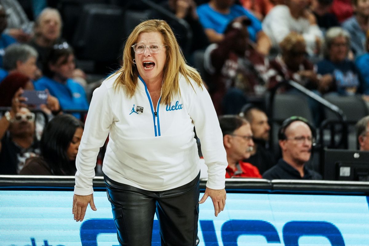 UCLA coach Cori Close communicates to her players during first half of college basketball game against Texas on Wednesday, Nov. 26, 2025 during the Players Era tournament at Michelob Ultra Arena in Las Vegas.
