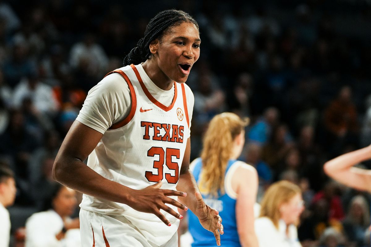 Texas forward Madison Booker (35) celebrates a call during second half of college basketball game against UCLA on Wednesday, Nov. 26, 2025 during the Players Era tournament at Michelob Ultra Arena in Las Vegas.