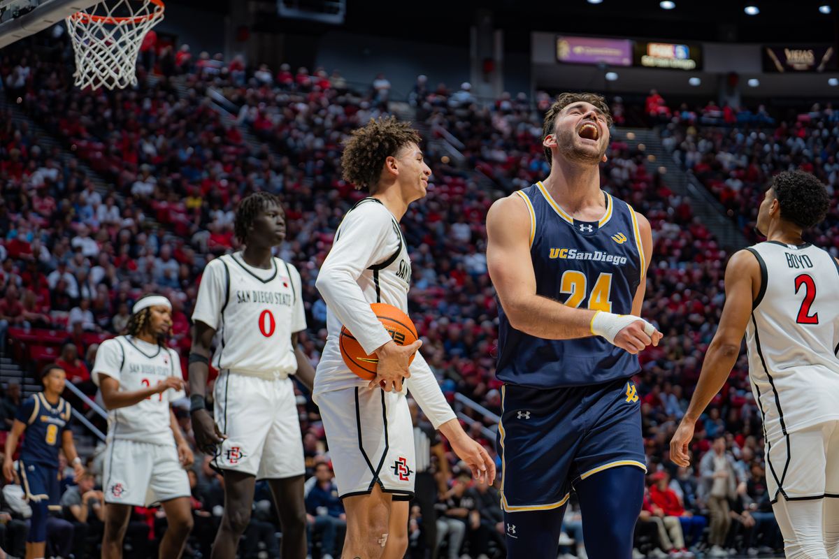 UCSD Forward Nordin Kapi celebrating after scoring on Guard Miles Byrd during a non-conference basketball game against SDSU, Wednesday November 6, 2024 in San Diego, Ca UCSD Forward Nordin Kapi celebrating after scoring on Guard Miles Byrd during a non-conference basketball game against SDSU, Wednesday November 6, 2024 in San Diego, Ca
