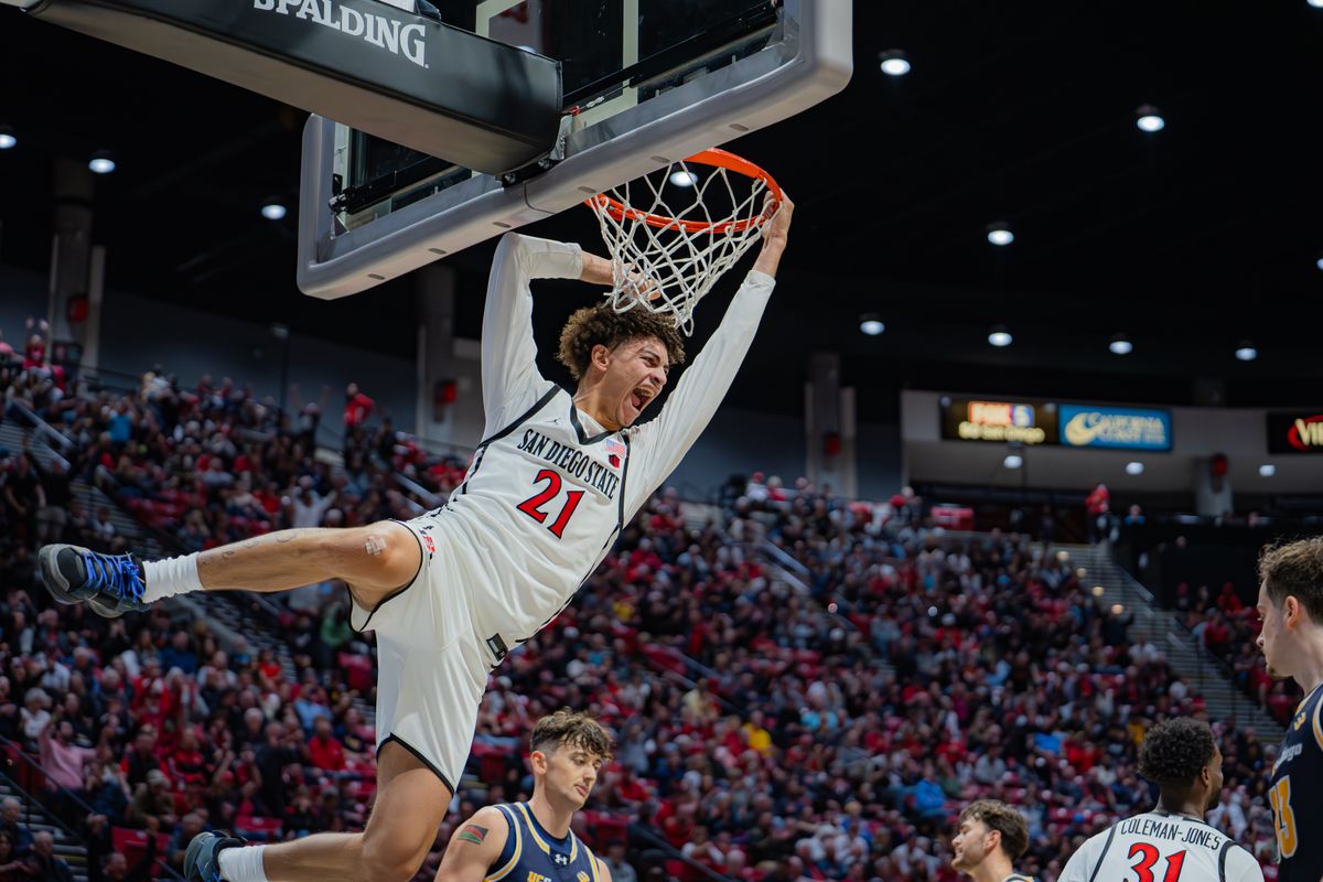 SDSU Guard Miles Byrd(21) dunking during a non-conference basketball game against UCSD, Wednesday November 6, 2024 in San Diego, Ca SDSU Guard Miles Byrd(21) dunking during a non-conference basketball game against UCSD, Wednesday November 6, 2024 in San Diego, Ca