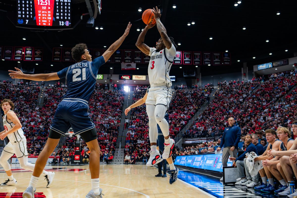 Senior Guard Wayne McKinney III #3 taking a step back shot against Utah State on December 28, 2024 in San Diego, CA Senior Guard Wayne McKinney III #3 taking a step back shot against Utah State on December 28, 2024 in San Diego, CA