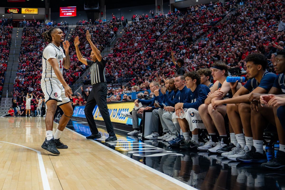 Freshman Guard Taj Degourville #24 celebrating towards Utah State's Bench after scoring a three-pointer on December 28, 2024 in San Diego, CA Freshman Guard Taj Degourville #24 celebrating towards Utah State's Bench after scoring a three-pointer on December 28, 2024 in San Diego, CA