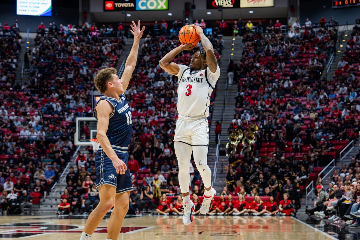 Senior Guard Wayne McKinney III #3 taking a three point shot against Utah State on December 28, 2024 in San Diego, CA Senior Guard Wayne McKinney III #3 taking a three point shot against Utah State on December 28, 2024 in San Diego, CA