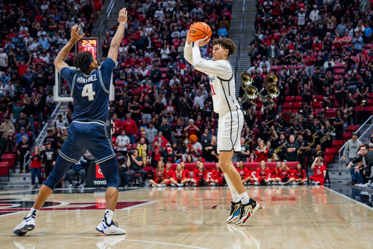 Sophomore Guard Miles Byrd #21 taking a three point shot against Utah State on December 28, 2024 in San Diego, CA Sophomore Guard Miles Byrd #21 taking a three point shot against Utah State on December 28, 2024 in San Diego, CA