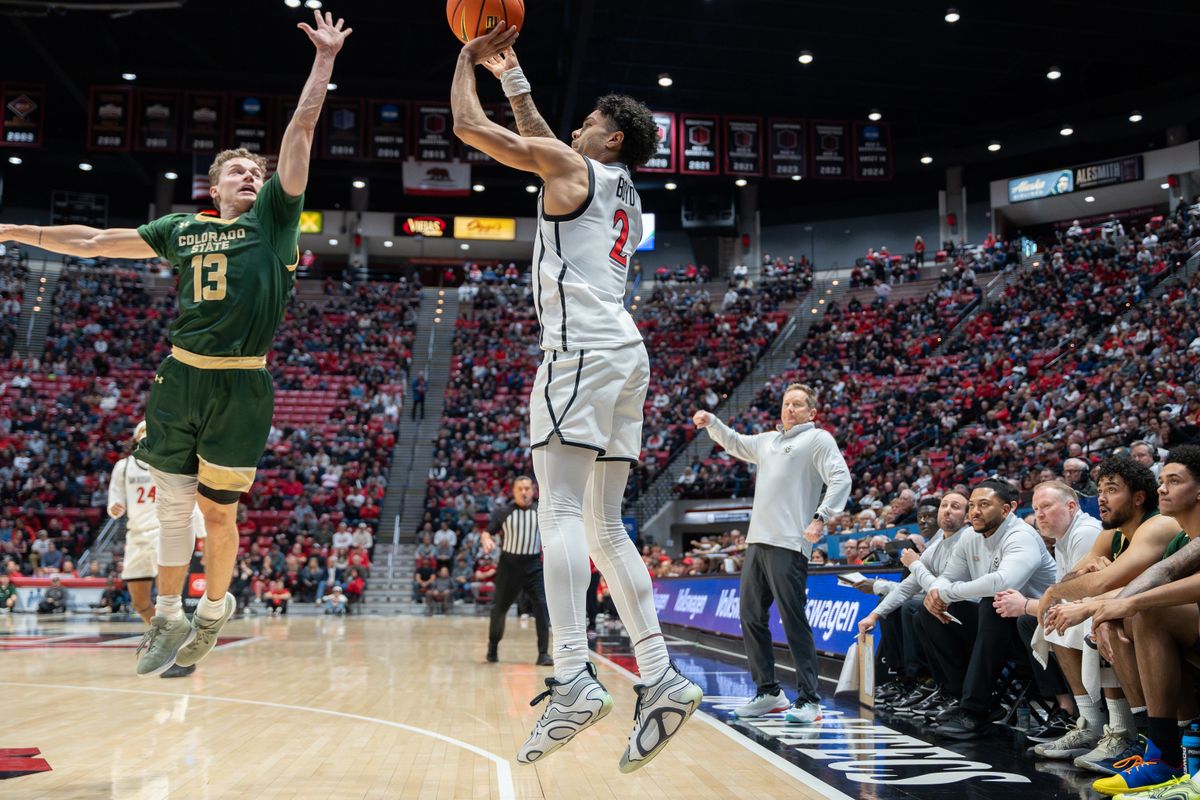 Senior guard Nick Boyd (2) shoots a three-pointer during a conference matchup against Colorado State, Tuesday, January 14, 2025, in San Diego, CA. Senior guard Nick Boyd (2) shoots a three-pointer during a conference matchup against Colorado State, Tuesday, January 14, 2025, in San Diego, CA.