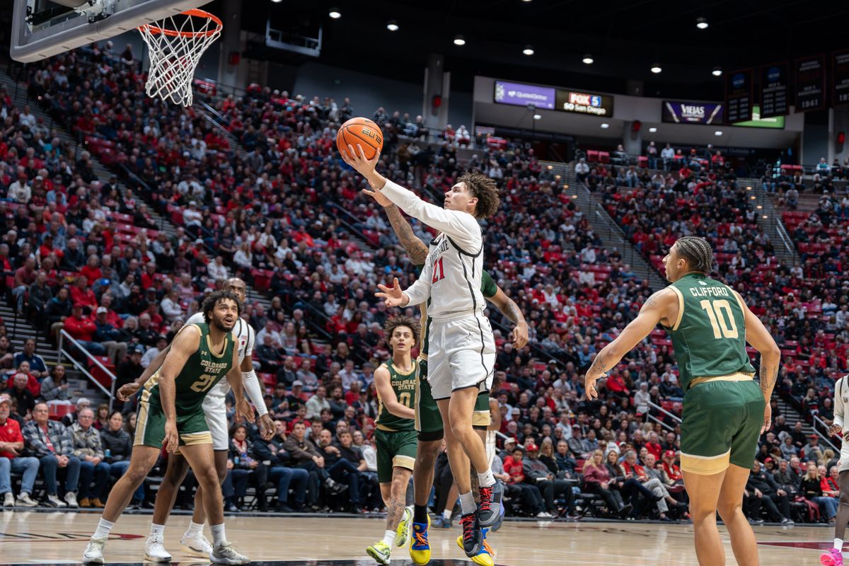 Sophomore guard Miles Byrd (21) shoots a layup during a conference matchup against Colorado State, Tuesday, January 14, 2025, in San Diego, CA. Sophomore guard Miles Byrd (21) shoots a layup during a conference matchup against Colorado State, Tuesday, January 14, 2025, in San Diego, CA.