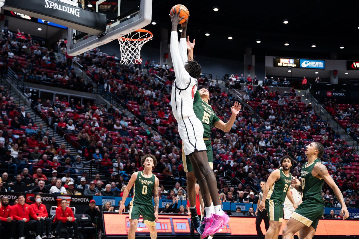Freshman forward Magoon Gwath (0) goes in for a dunk during a conference matchup against Colorado State, Tuesday, January 14, 2025, in San Diego, CA. Freshman forward Magoon Gwath (0) goes in for a dunk during a conference matchup against Colorado State, Tuesday, January 14, 2025, in San Diego, CA.