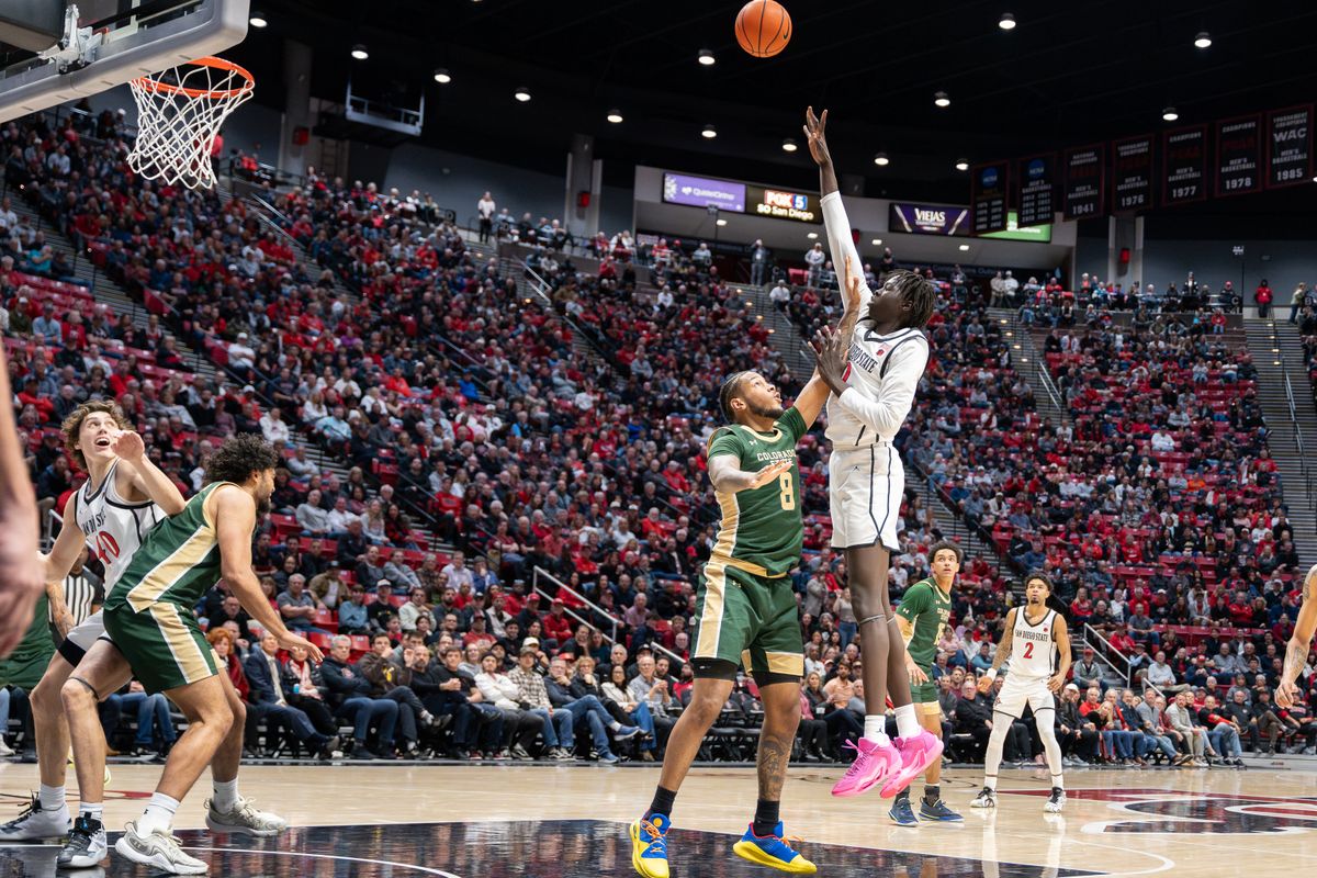 Freshman forward Magoon Gwath (0) shoots a floater during a conference matchup against Colorado State, Tuesday, January 14, 2025, in San Diego, CA. Freshman forward Magoon Gwath (0) shoots a floater during a conference matchup against Colorado State, Tuesday, January 14, 2025, in San Diego, CA.