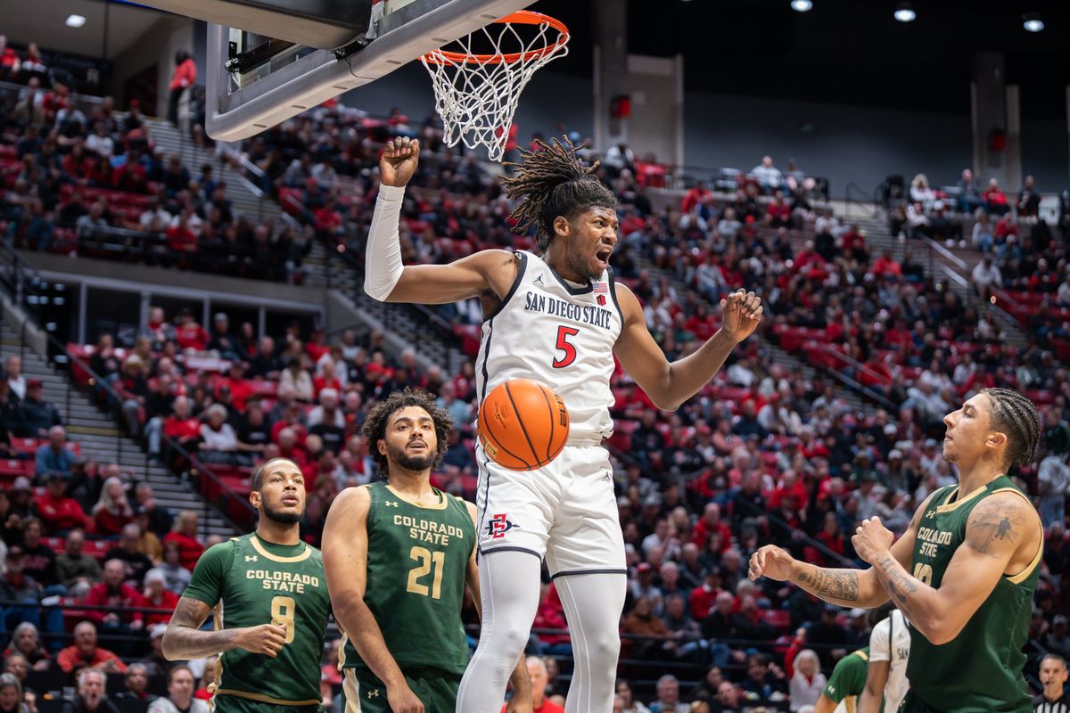 Freshman forward Pharaoh Compton (5) celebrates a dunk during a conference matchup against Colorado State, Tuesday, January 14, 2025, in San Diego, CA. Freshman forward Pharaoh Compton (5) celebrates a dunk during a conference matchup against Colorado State, Tuesday, January 14, 2025, in San Diego, CA.