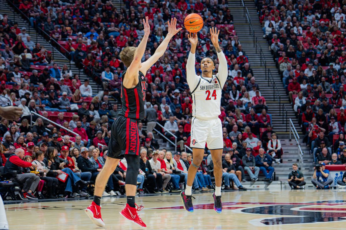 Freshman Guard Taj Degourville #24 shooting a three-point shot in a conference game against UNLV at Viejas Arena in San Diego, CA on January 18, 2025
