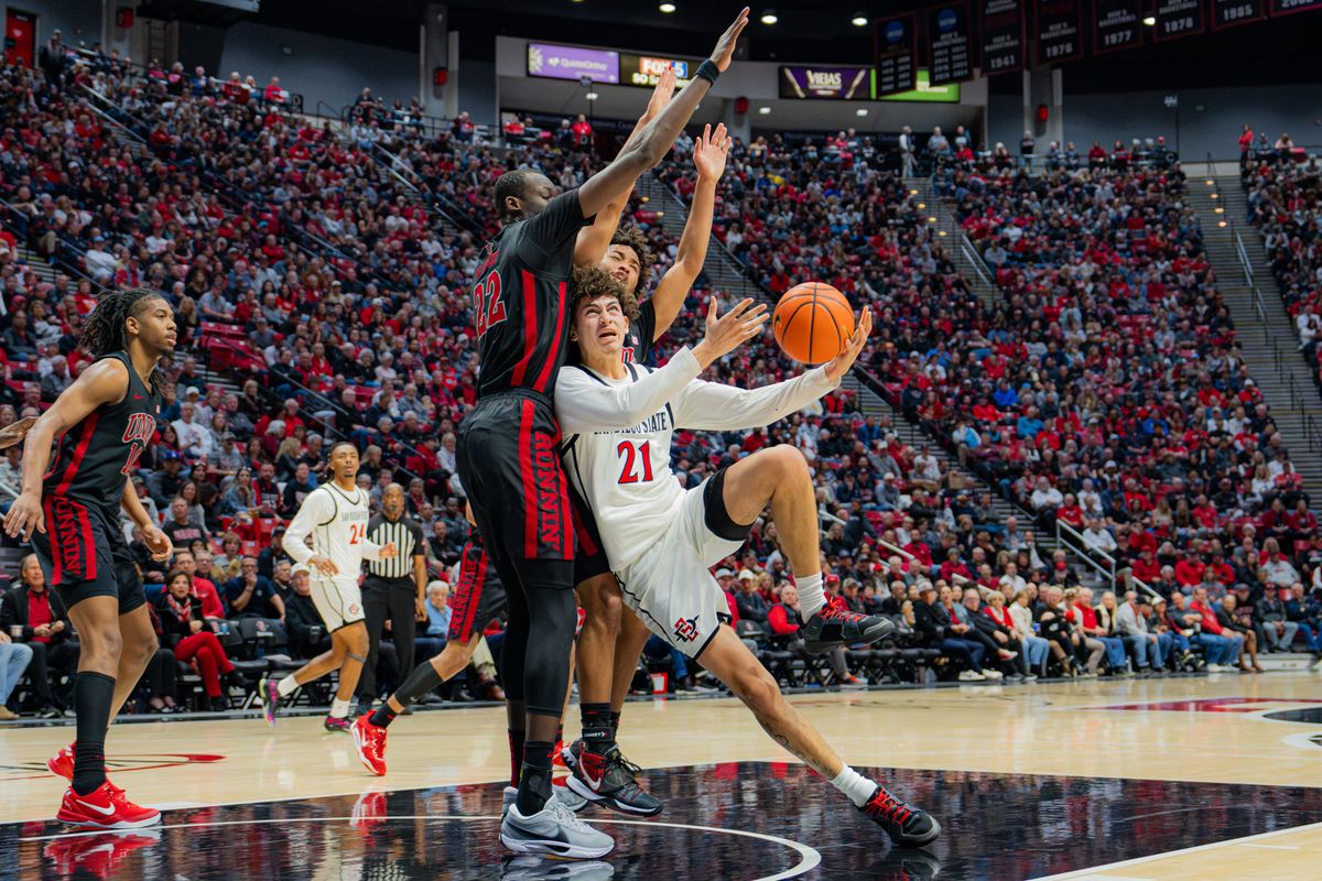 Sophomore Guard Miles Byrd #21 going for a tough layup in a conference game against UNLV at Viejas Arena in San Diego, CA on January 18, 2025