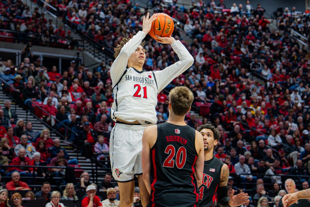 Sophomore Guard Miles Byrd #21 taking an open shot in a conference game against UNLV at Viejas Arena in San Diego, CA on January 18, 2025
