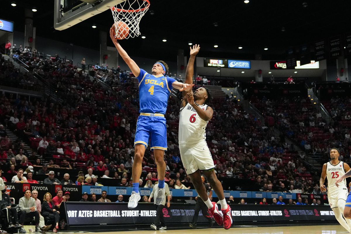 UCLA guard Jamar Brown (4) goes up for a layup during an NCAA basketball game against SDSU, Friday October 17, 2025 in San Diego, California.