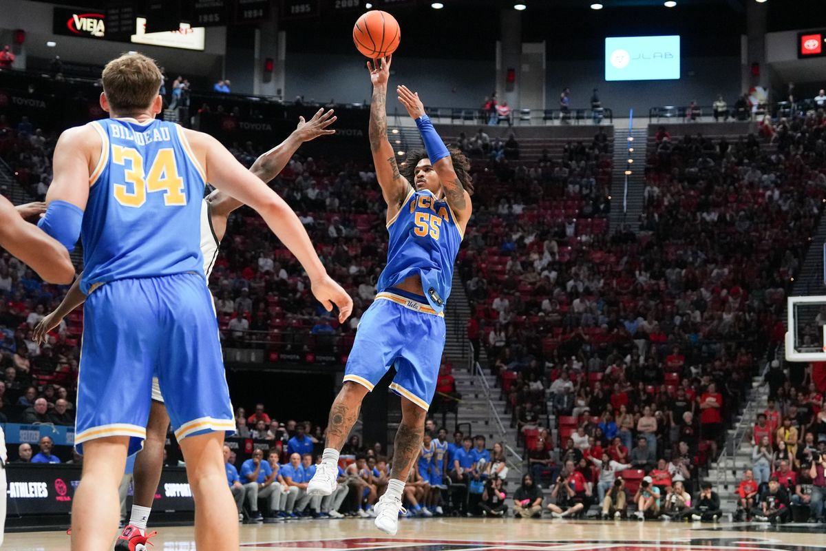 UCLA guard Skyy Clark (55) shoots the ball during an NCAA basketball game against SDSU, Friday October 17, 2025 in San Diego, California.