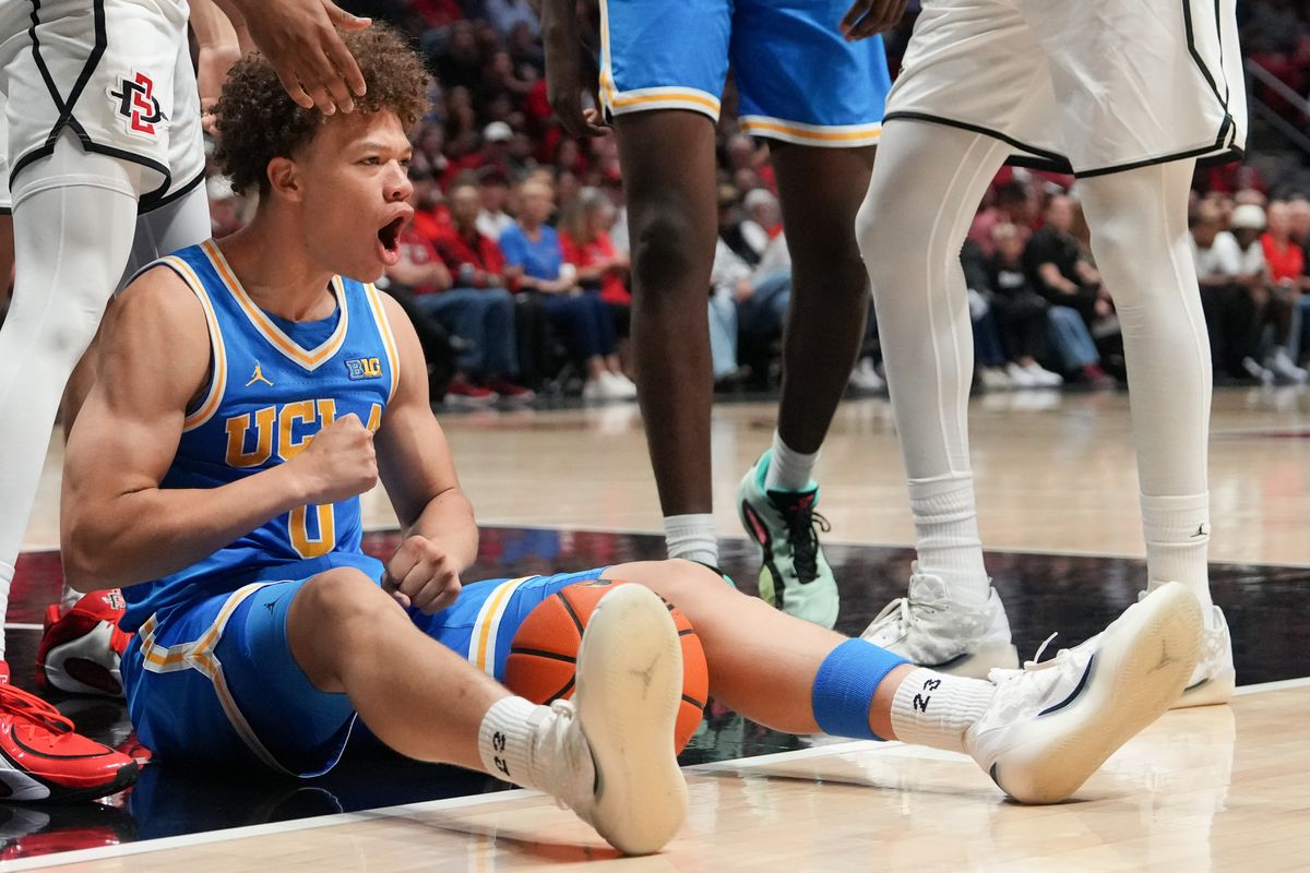 UCLA guard Trent Perry (0) celebrates getting drawing foul during an NCAA basketball game against SDSU, Friday October 17, 2025 in San Diego, California.