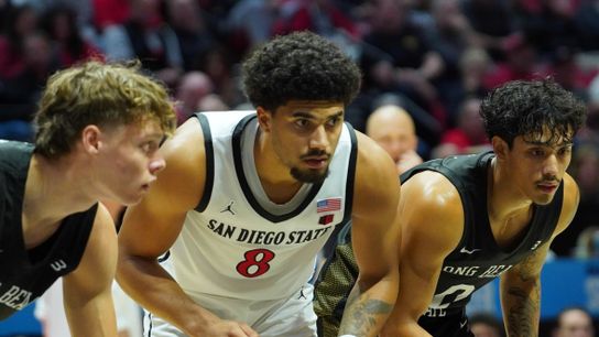 San Diego State forward Tae Simmons (8) waits to box out after a free throw an NCAA Basketball game against Long Beach State, Tuesday November 4, 2025 in San Diego, Calif.