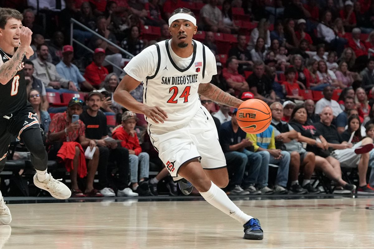 SDSU guard Taj DeGourville (24) dribbles the ball during an NCAA basketball game against Idaho State, Sunday November 09, 2025 in San Diego, California.