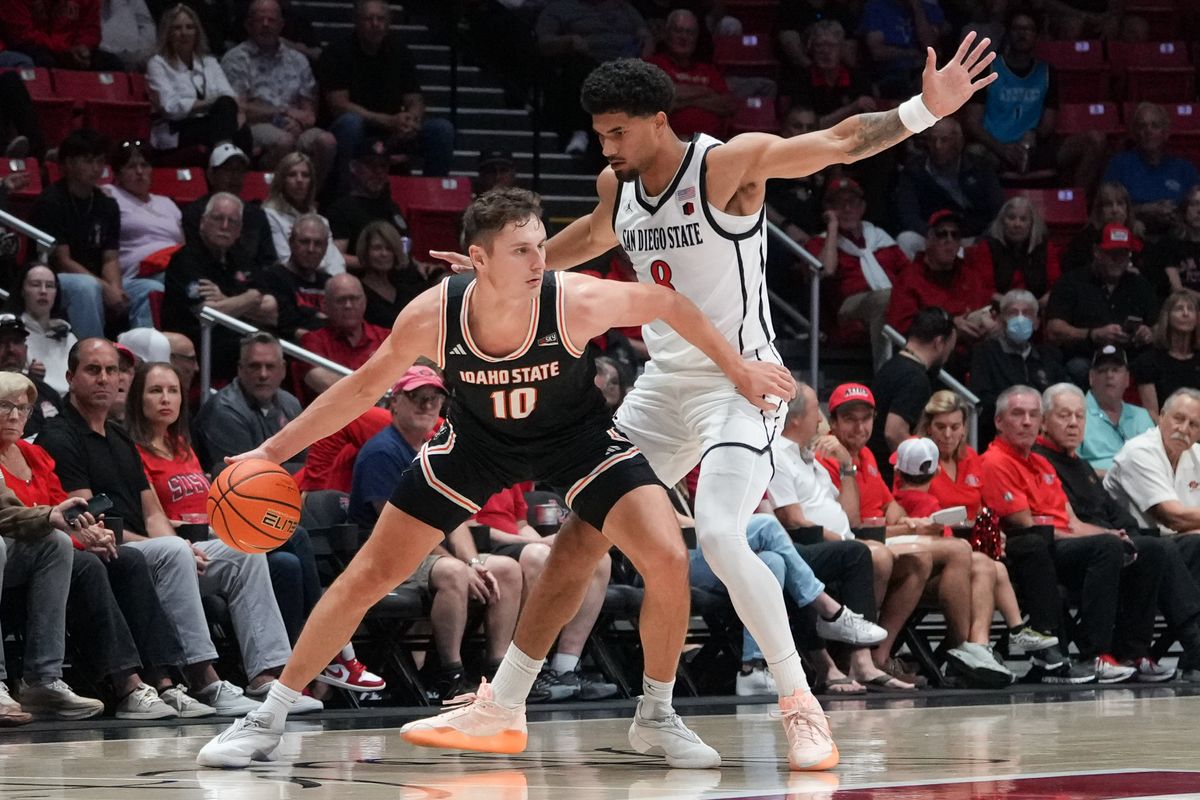 Idaho State forward Connor Hollenbeck (10) dribbles the ball during an NCAA basketball game against SDSU, Sunday November 09, 2025 in San Diego, California.