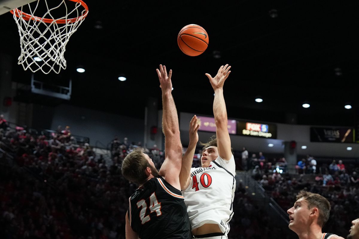 SDSU forward Miles Heide (40) shoots the ball during an NCAA basketball game against Idaho State, Sunday November 09, 2025 in San Diego, California.