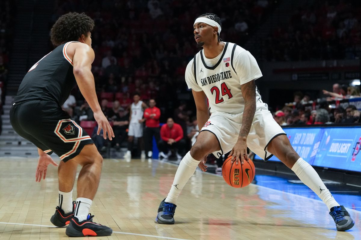 SDSU guard Taj DeGourville (24) dribbles the ball during an NCAA basketball game against Idaho State, Sunday November 09, 2025 in San Diego, California.