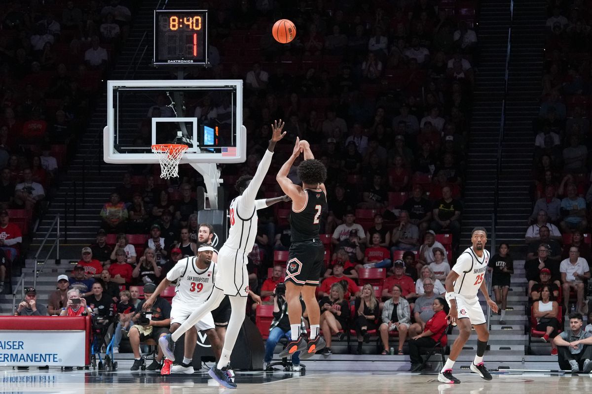 Idaho State point guard Jamison Guerra (2) shoots a three during an NCAA basketball game against SDSU, Sunday November 09, 2025 in San Diego, California.