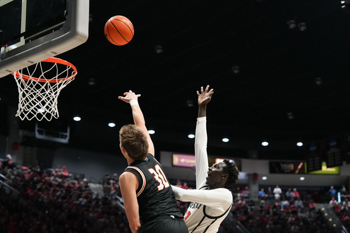 SDSU forward Thokbor Majak (33) shoots the ball during an NCAA basketball game against Idaho State, Sunday November 09, 2025 in San Diego, California.