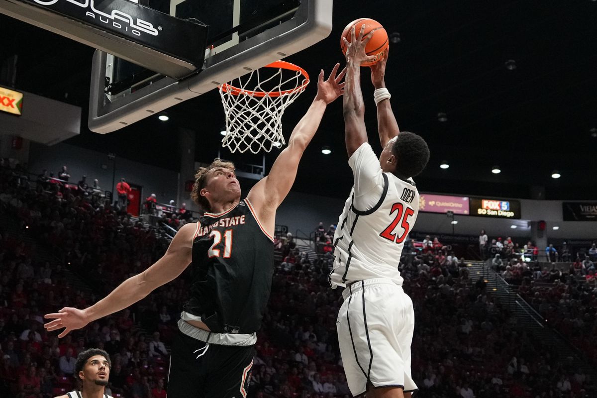 SDSU forward Jeremiah Oden (25) dunks the ball during an NCAA basketball game against Idaho State, Sunday November 09, 2025 in San Diego, California.