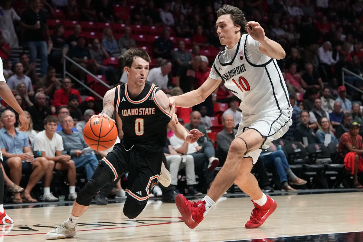 Idaho State point guard Gus Etchison (0) dribbles past defenders during an NCAA basketball game against SDSU, Sunday November 09, 2025 in San Diego, California.