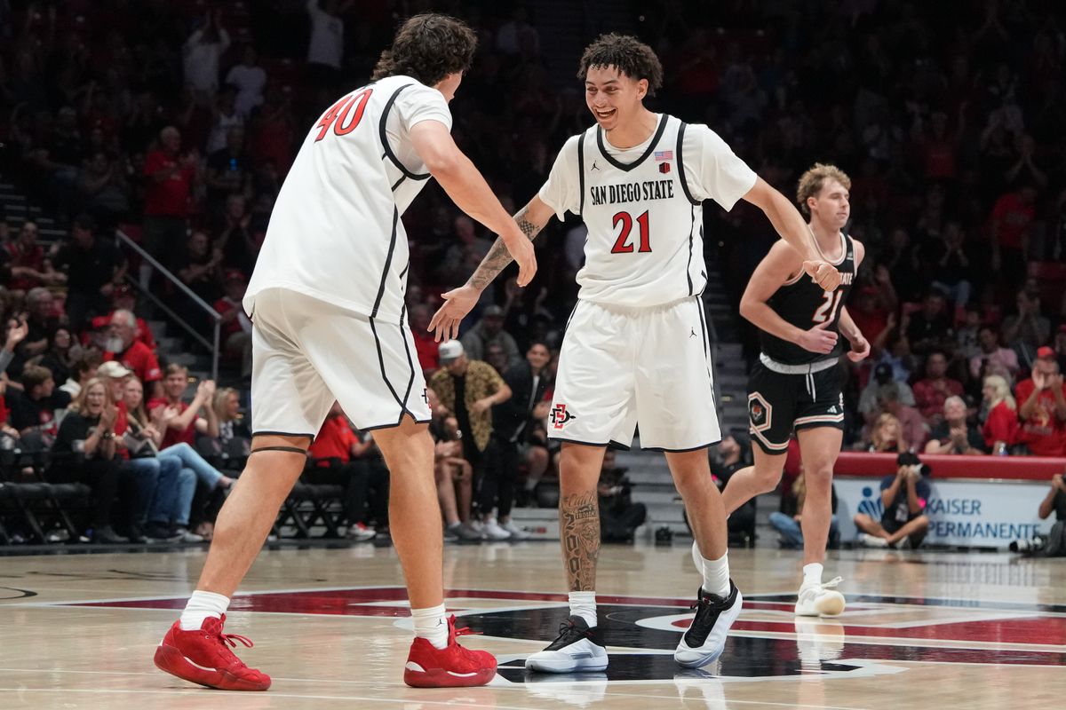 SDSU guard Miles Byrd (21) and SDSU forward Miles Heide (40) celebrate after scoring a basket during an NCAA basketball game against Idaho State, Sunday November 09, 2025 in San Diego, California.