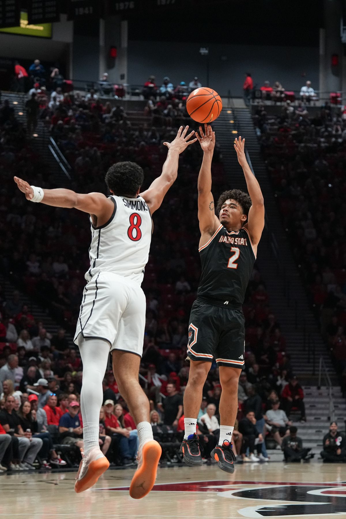 Idaho State point guard Jamison Guerra (2) shoots the ball during an NCAA basketball game against SDSU, Sunday November 09, 2025 in San Diego, California.