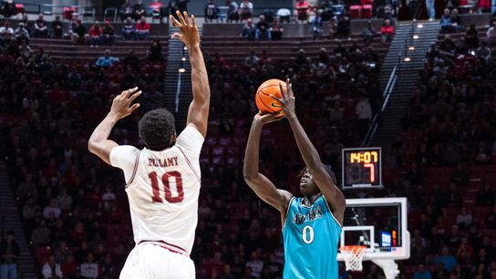 San Diego State forward Magoon Gwath (0) attempts a 3-pointer during an NCAA Basketball game against Troy, Tuesday November 18, 2025 at Viejas Arena in San Diego, Calif.
