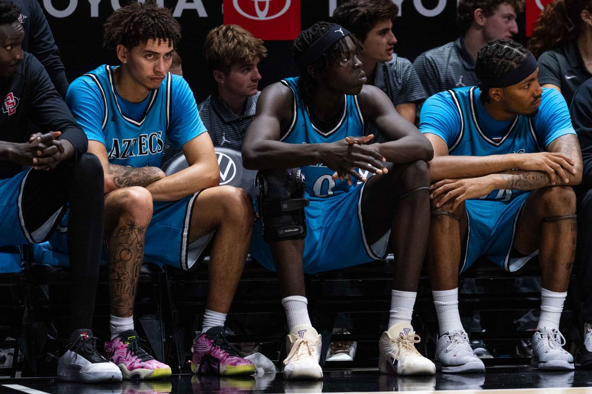 San Diego State players sit on the bench during an NCAA Basketball game against Troy, Tuesday November 18, 2025 at Viejas Arena in San Diego, Calif. San Diego State players sit on the bench during an NCAA Basketball game against Troy, Tuesday November 18, 2025 at Viejas Arena in San Diego, Calif.