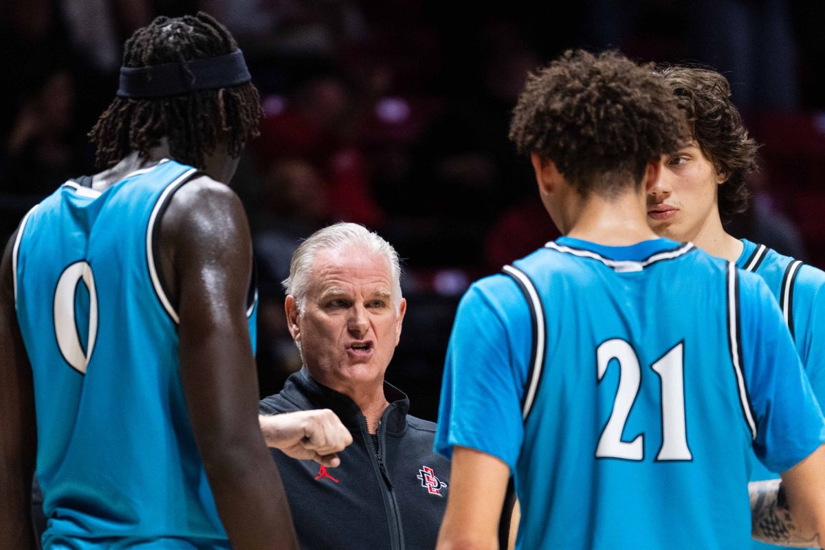 San Diego State Head Coach Brian Dutcher talks to San Diego State players during an NCAA Basketball game against Troy, Tuesday November 18, 2025 at Viejas Arena in San Diego, Calif. San Diego State Head Coach Brian Dutcher talks to San Diego State players during an NCAA Basketball game against Troy, Tuesday November 18, 2025 at Viejas Arena in San Diego, Calif.
