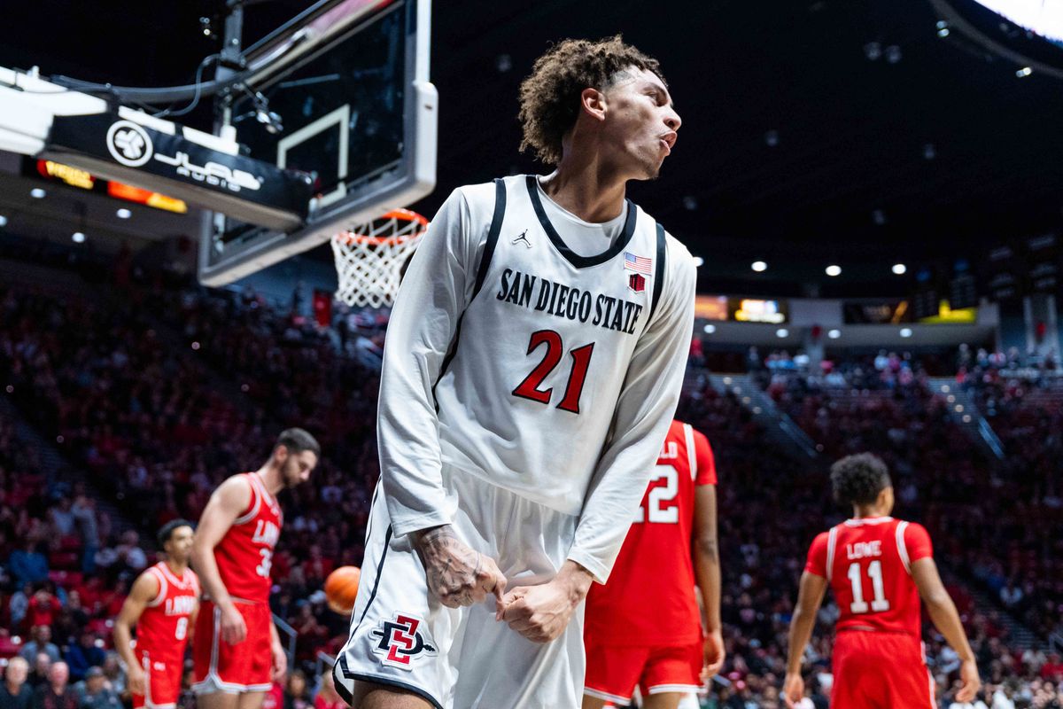 San Diego State guard Miles Byrd (21) reacts to being fouled during an NCAA Basketball game between Lamar and San Diego State, Wednesday December 10, 2025 at Viejas Arena in San Diego, Calif.