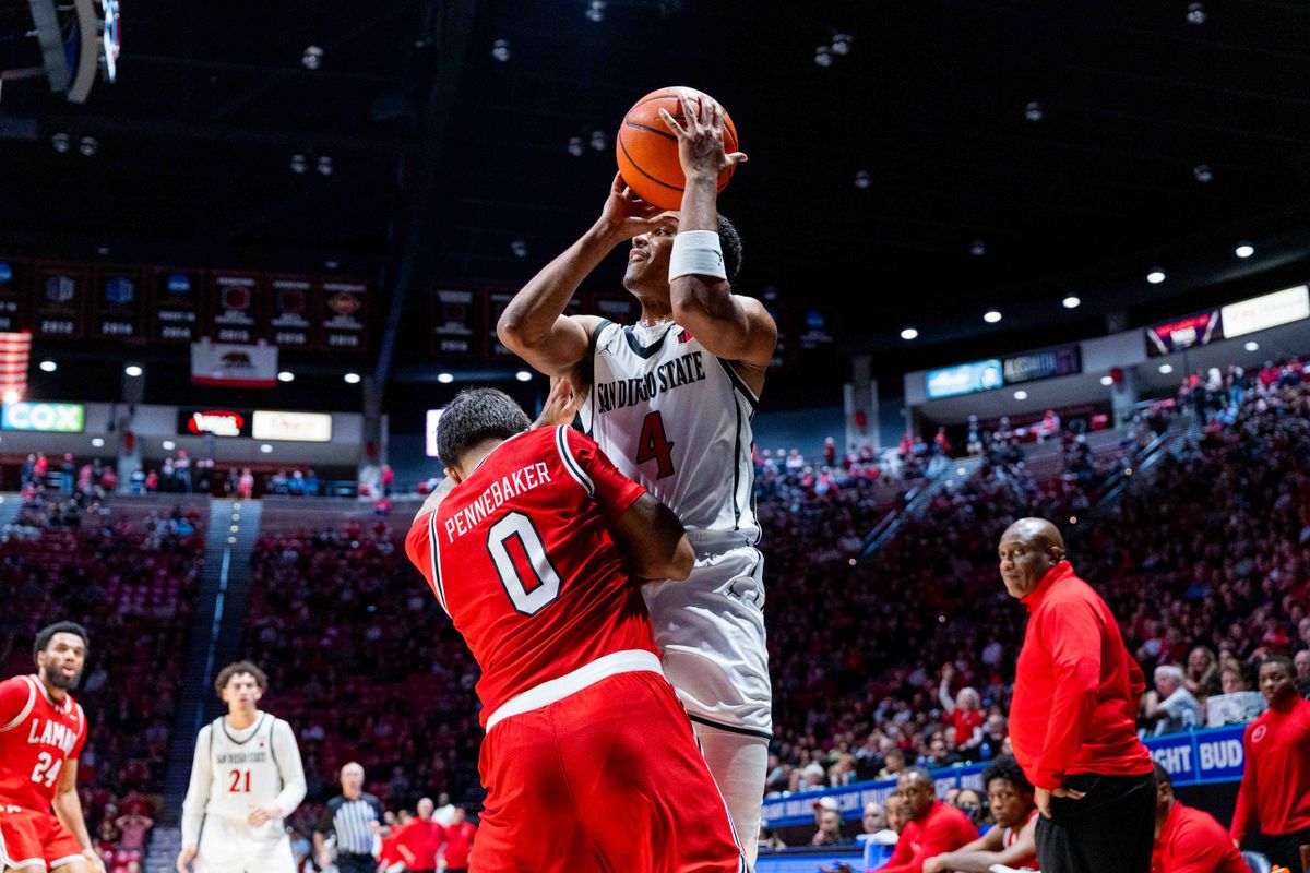 San Diego State guard Sean Newman Jr. (4) is fouled on a three pointer during an NCAA Basketball game between Lamar and San Diego State, Wednesday December 10, 2025 at Viejas Arena in San Diego, Calif.