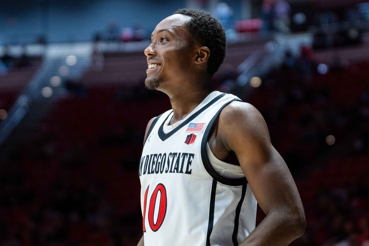 San Diego State guard BJ Davis (10) smiles during an NCAA Basketball game between Lamar and San Diego State, Wednesday December 10, 2025 at Viejas Arena in San Diego, Calif.