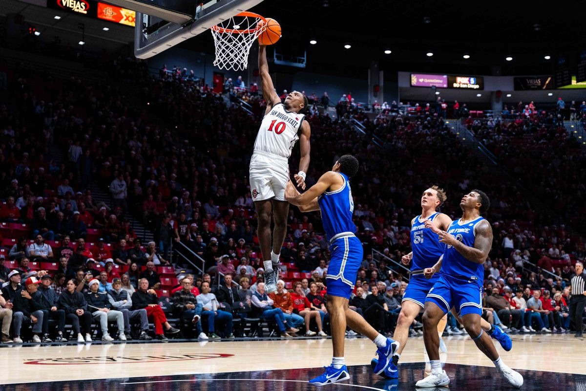 San Diego State guard BJ Davis (10) dunks during an NCAA Basketball game between Air Force and San Diego State, Wednesday December 17, 2025 at Viejas Arena in San Diego, Calif.