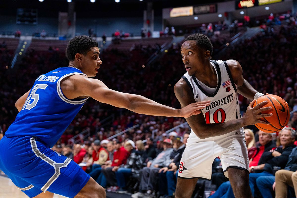 San Diego State guard BJ Davis (10) looks to pass during an NCAA Basketball game between Air Force and San Diego State, Wednesday December 17, 2025 at Viejas Arena in San Diego, Calif.