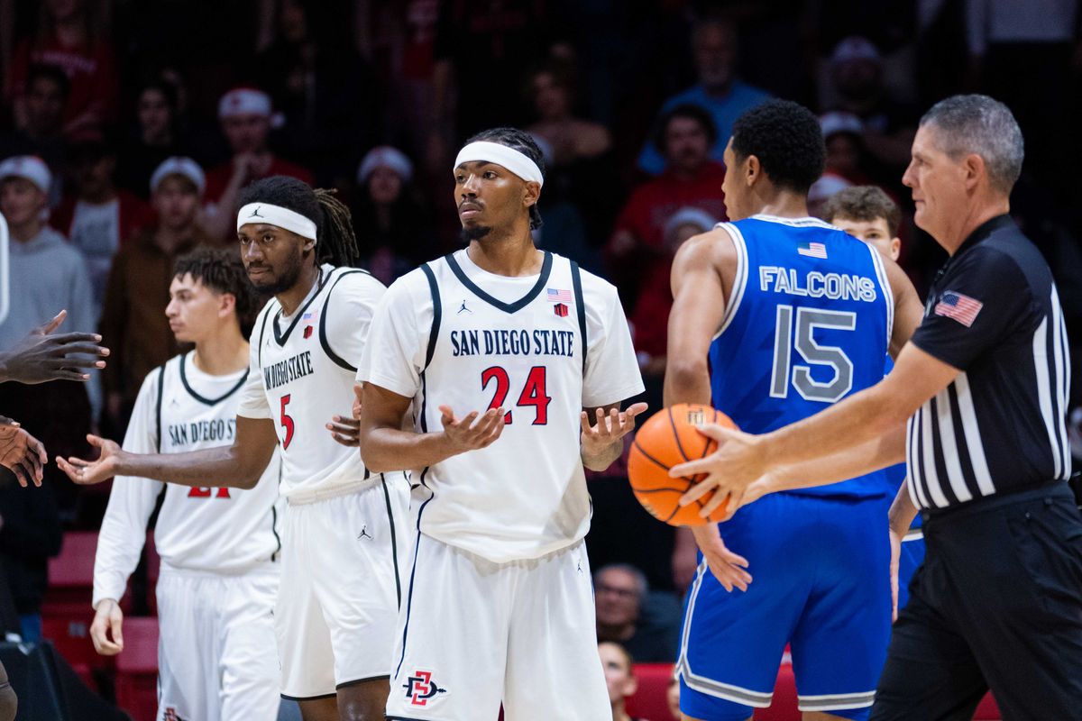 San Diego State guard Taj DeGourville (24) reacts to being called for a foul during an NCAA Basketball game between Air Force and San Diego State, Wednesday December 17, 2025 at Viejas Arena in San Diego, Calif.