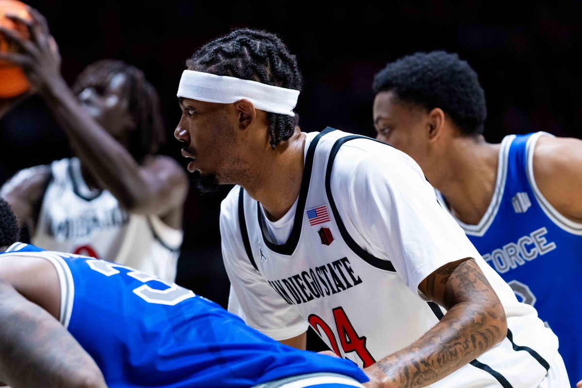 San Diego State guard Taj DeGourville (24) waits to box out during an NCAA Basketball game between Air Force and San Diego State, Wednesday December 17, 2025 at Viejas Arena in San Diego, Calif.