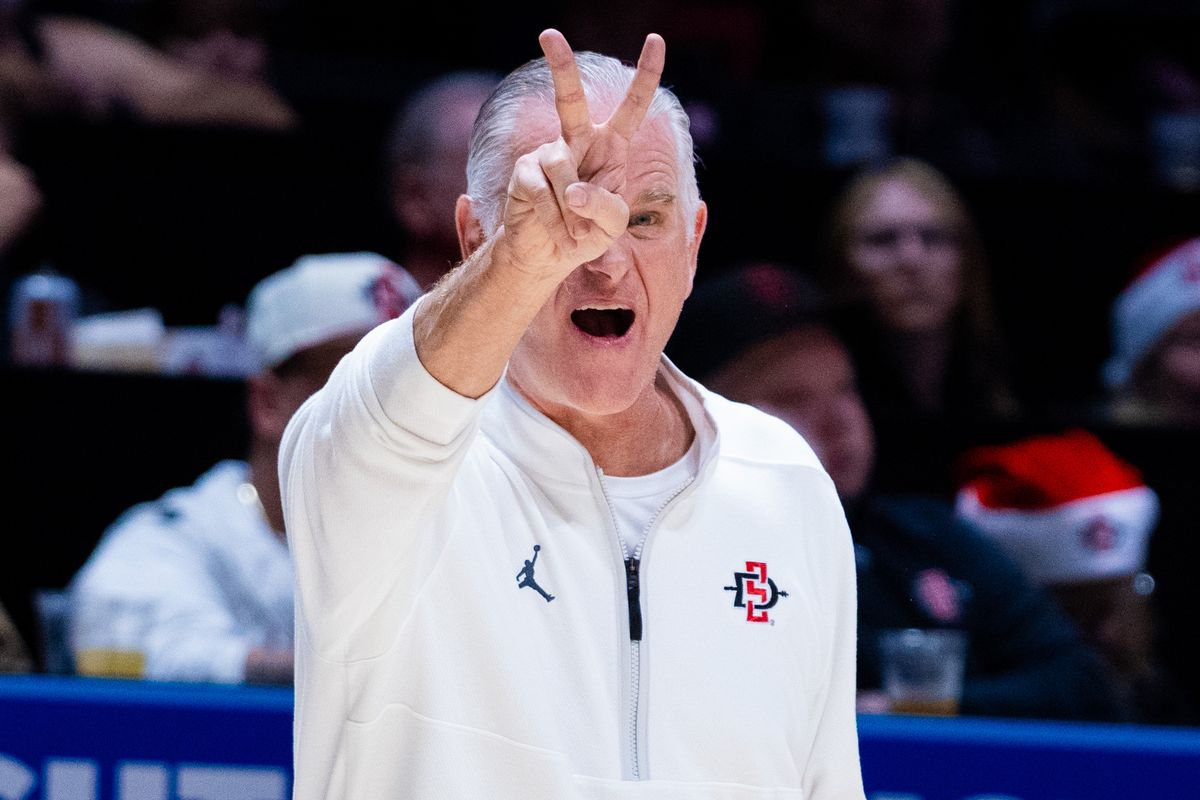 San Diego State Head Coach Brian Dutcher yells at a referee during an NCAA Basketball game between Air Force and San Diego State, Wednesday December 17, 2025 at Viejas Arena in San Diego, Calif.