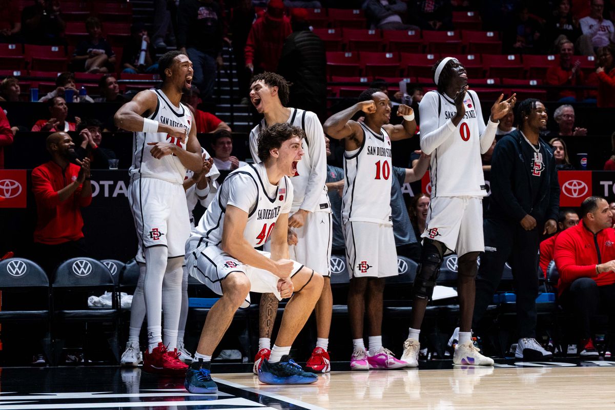 The San Diego State bench reacts to San Diego State forward Thokbor Majak (33) making a layup during an NCAA Basketball game between Whittier and San Diego State, Monday December 22, 2025 at Viejas Arena in San Diego, Calif.