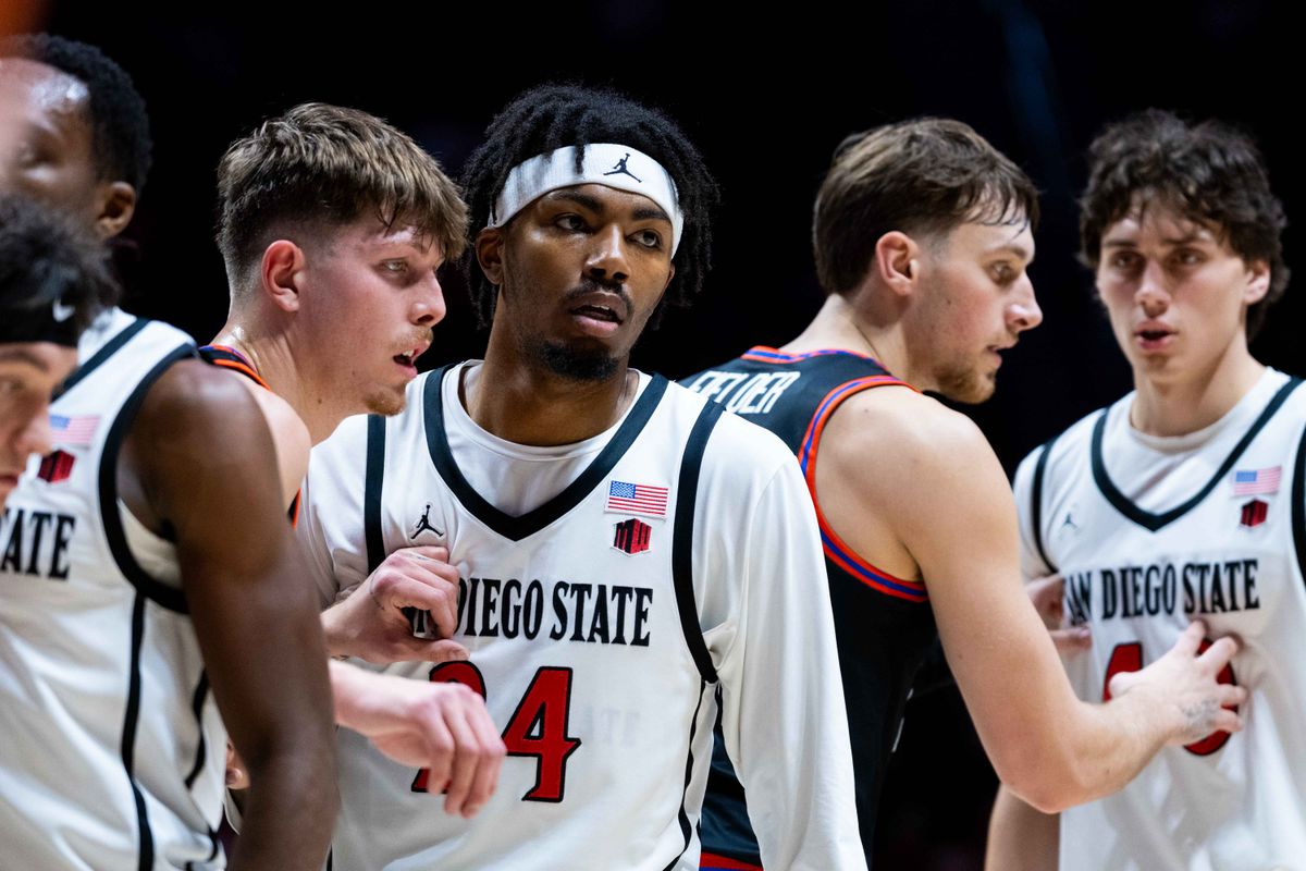 Players wait for the ball to be in play during an NCAA Basketball game between Boise State and San Diego State, Saturday January 3, 2026 at Viejas Arena in San Diego, Calif.