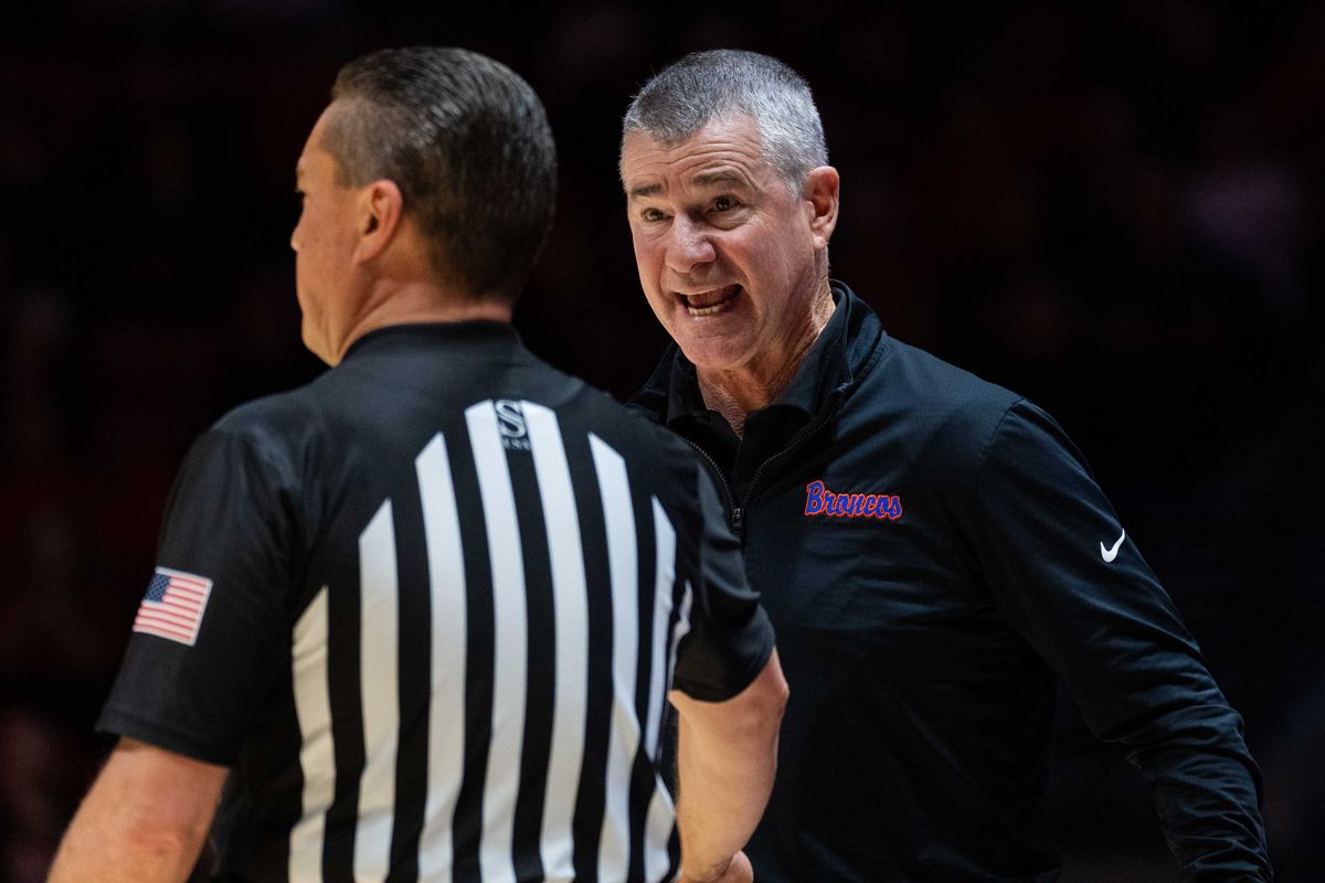 Boise State Head Coach Leon Rice yells at an official during  an NCAA Basketball game between Boise State and San Diego State, Saturday January 3, 2026 at Viejas Arena in San Diego, Calif.
