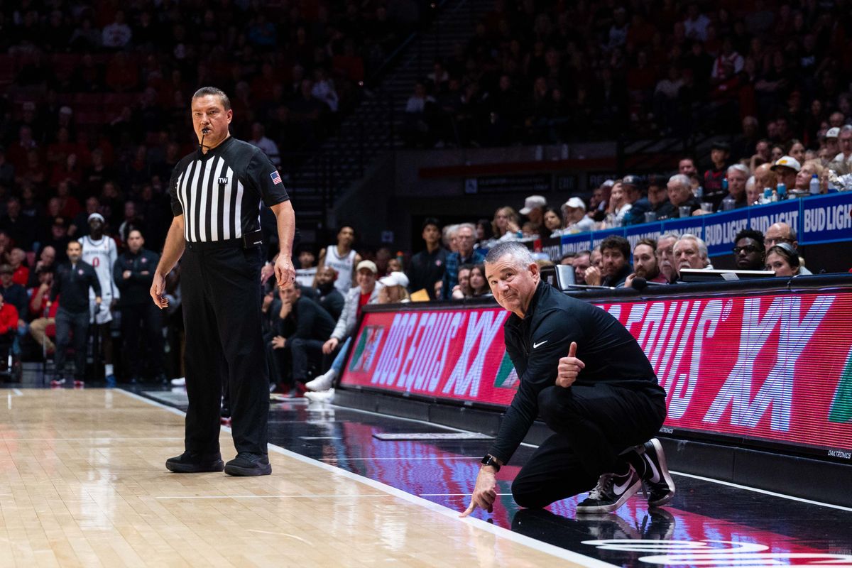 Boise State Head Coach Leon Rice reacts to a missed call by an official during an NCAA Basketball game between Boise State and San Diego State, Saturday January 3, 2026 at Viejas Arena in San Diego, Calif.