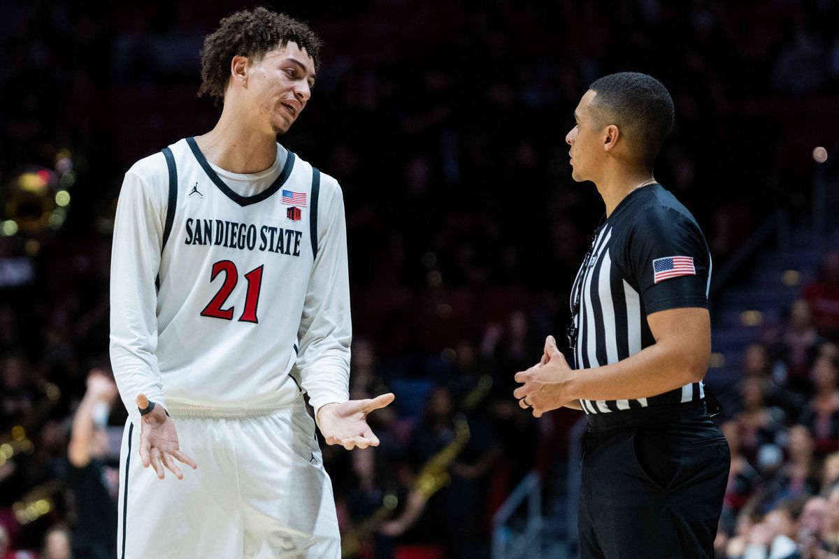 San Diego State guard Miles Byrd (21) talks to a referee during an NCAA Basketball game between Boise State and San Diego State, Saturday January 3, 2026 at Viejas Arena in San Diego, Calif.