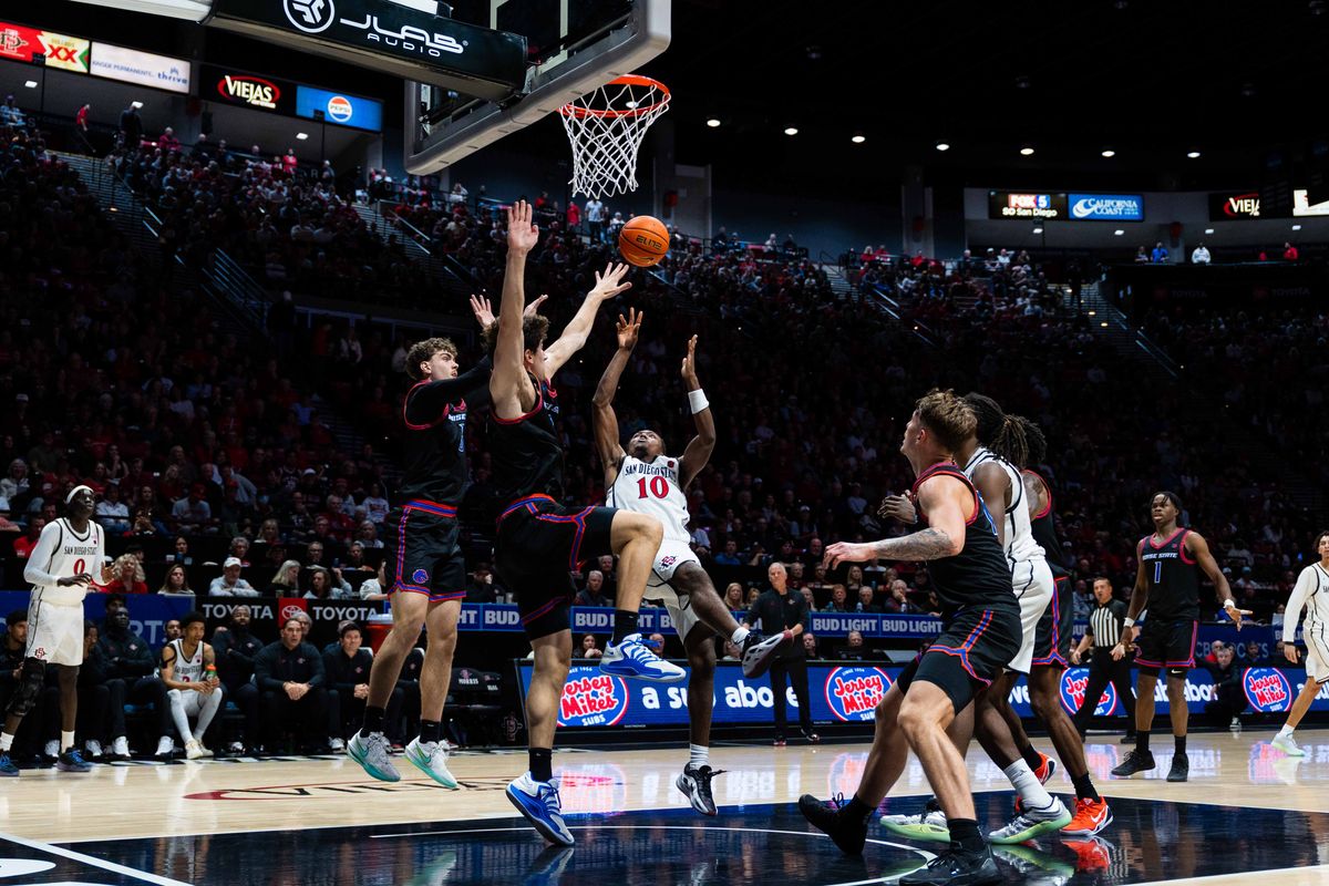 San Diego State guard BJ Davis (10) takes a shot during an NCAA Basketball game between Boise State and San Diego State, Saturday January 3, 2026 at Viejas Arena in San Diego, Calif.